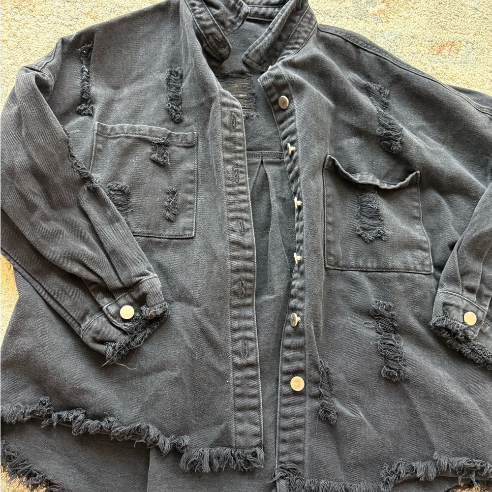 Oversized Distressed Black Denim Shacket